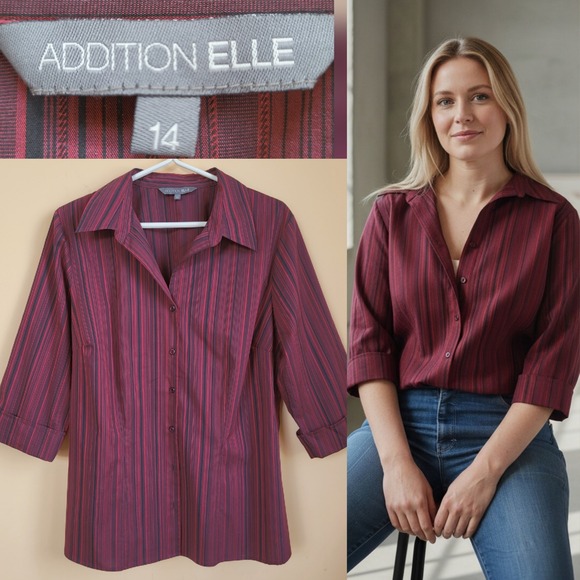 Addition Elle Tops - Addition‎ Elle Burgundy Vertical Striped Button Down Blouse Size 14